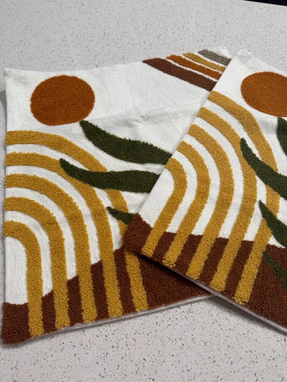 Boho White Pillow Covers With Green Leafs and Mustard accents Set of 2 L2